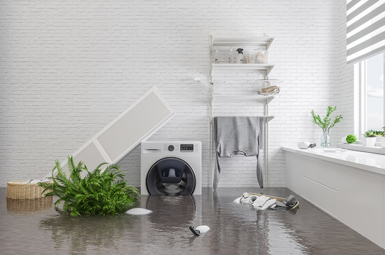 a room in a home flooded with water after a heavy rain storm