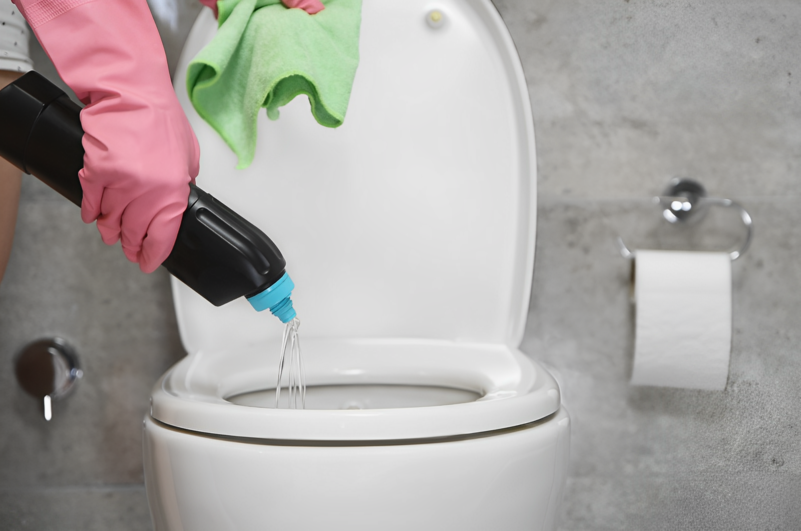 A person wearing gloves cleaning a toilet