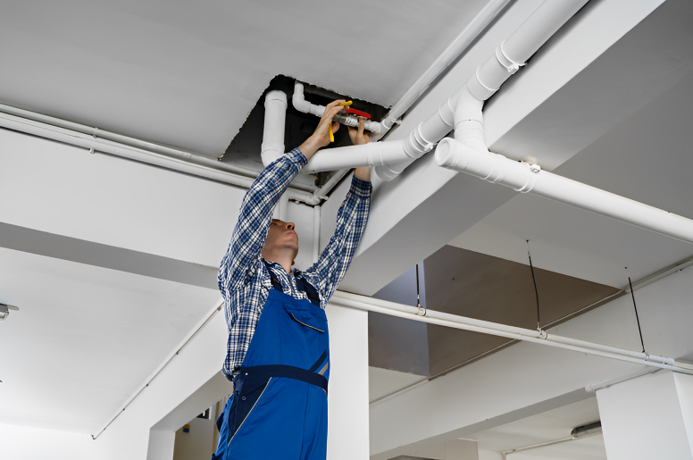 A plumber fixing sewage pipes in a basement 