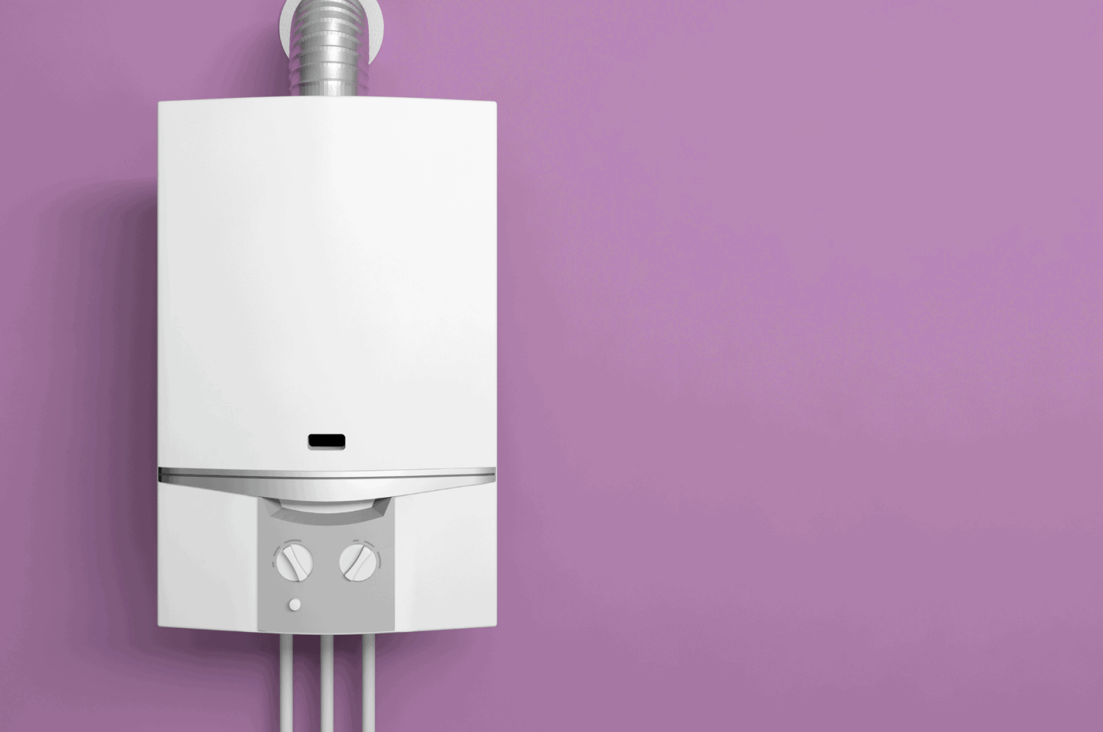 A white water heater on a purple wall