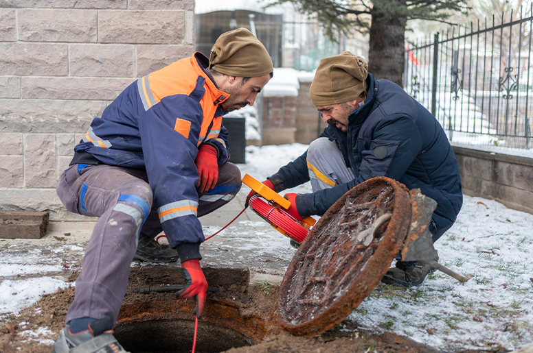 Two plumbers repairing a sewer line 