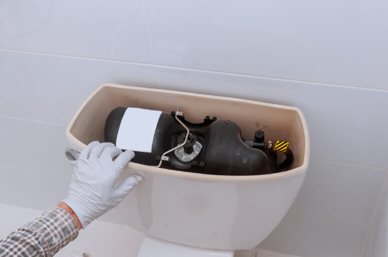 A person inspecting the inside of a toilet tank 