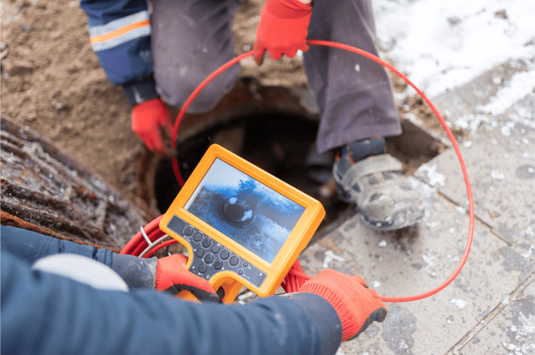 Two plumbers use CCTV imaging to inspect a sewer line clog