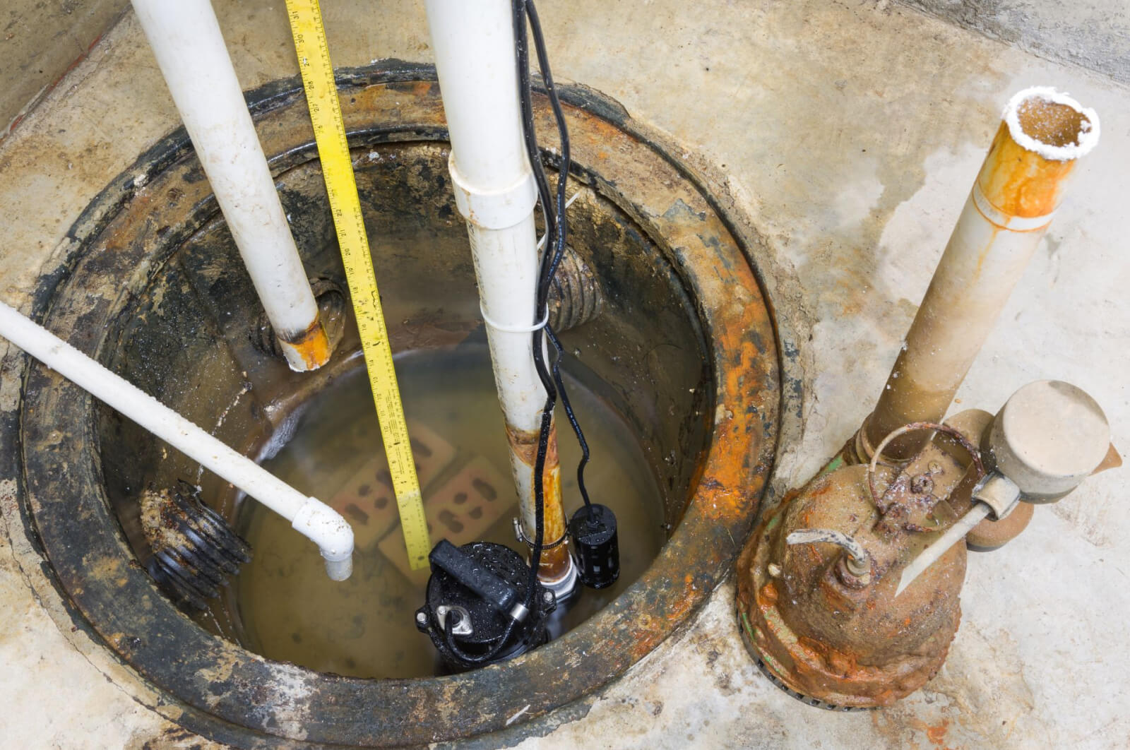 A yellow measuring tape inside a sump pit