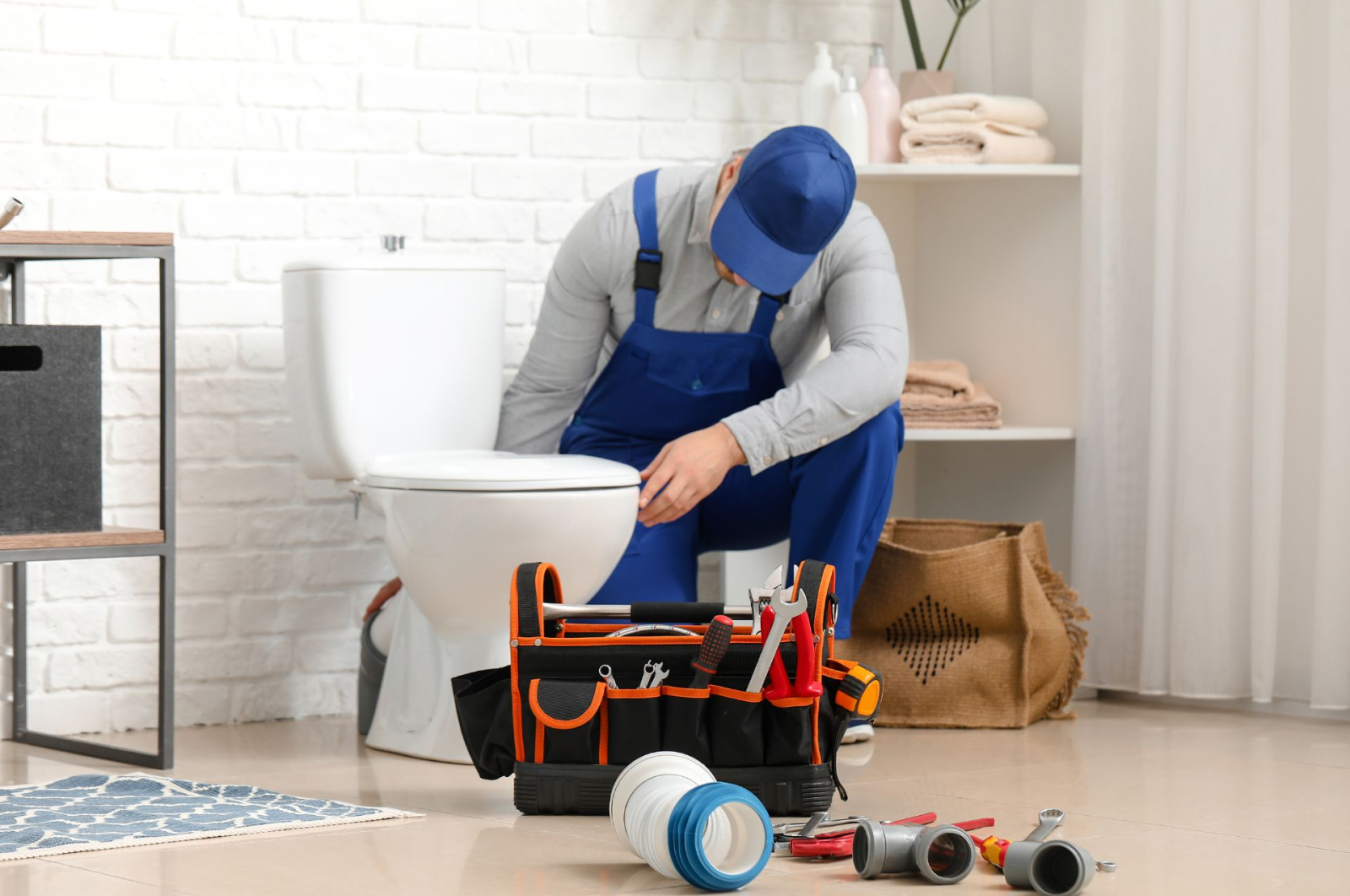 A plumber with a tool bag inspects a bathroom toilet